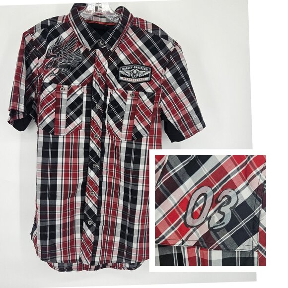 Harley-Davidson Shirt Mens Medium Plaid Eagle Patch Motor Clothes Western - Picture 1 of 16